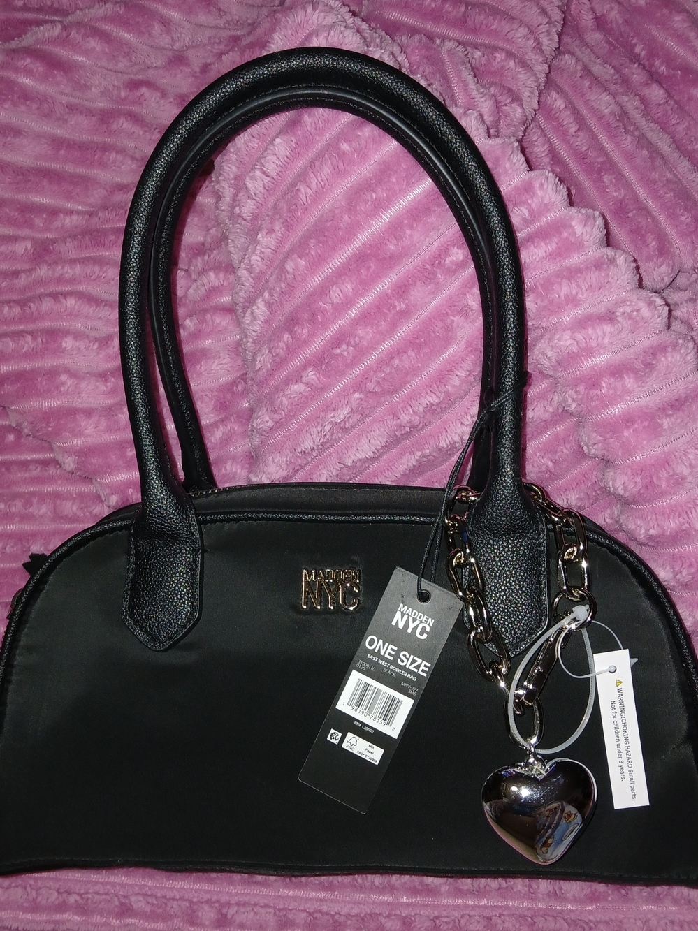 Madden NYC Black East West Bowler Bag Dome Satchel with Silver Heart Charm